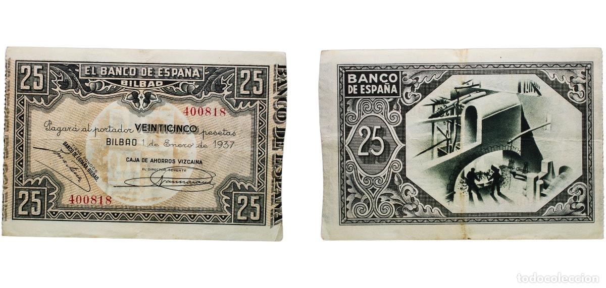 Billetes espa&ntilde;oles: Spain Bilbao, Municipality of Second Republic 1937 25 Pesetas (Banco de Espa&ntilde;a - Bilbao) Paper XF P