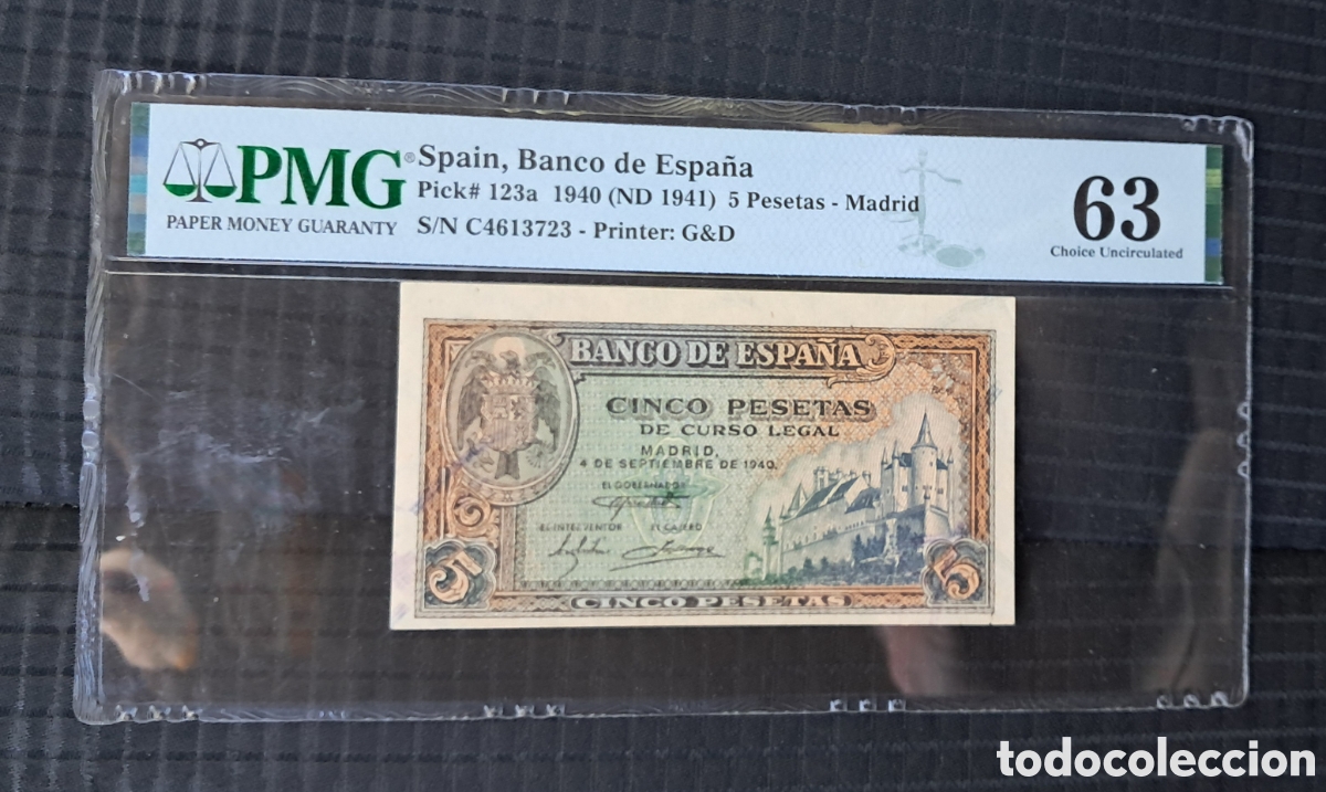 Billetes espa&ntilde;oles: Billete 5 pesetas 1940 PMG 63