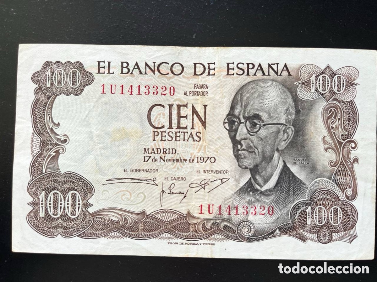 Billetes espa&ntilde;oles: 100 pesetas 1970 &ndash; manuel de falla &ndash; serie 1u &ndash; banco de espa&ntilde;a