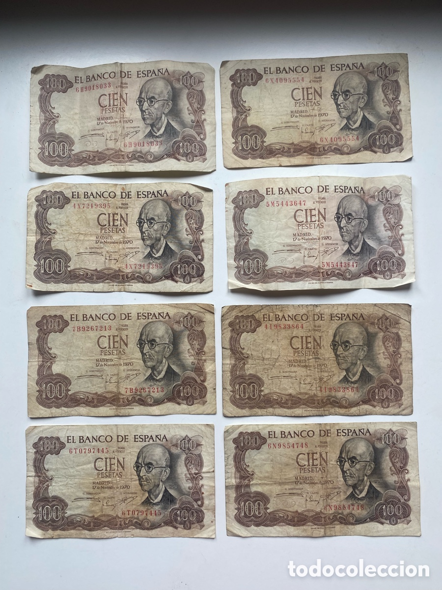 Billetes espa&ntilde;oles: Lote de 8 Billetes de 100 Pesetas 1970 &ndash; Manuel de Falla &ndash; Espa&ntilde;a