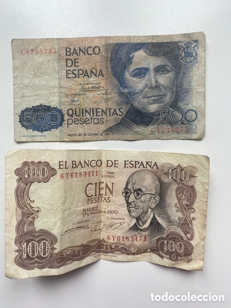 Billetes espa&ntilde;oles: Lote Pareja Billetes Espa&ntilde;a: 100 Pesetas 1970 (Falla) + 500 Pesetas 1979 (Rosal&iacute;a de Castro)