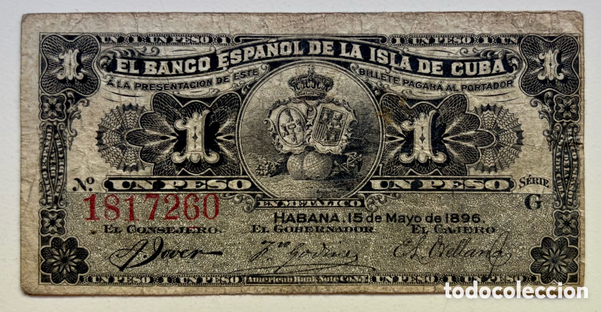 Billetes espa&ntilde;oles: Billete 1 Peso 1896 Banco Espa&ntilde;ol Isla de Cuba