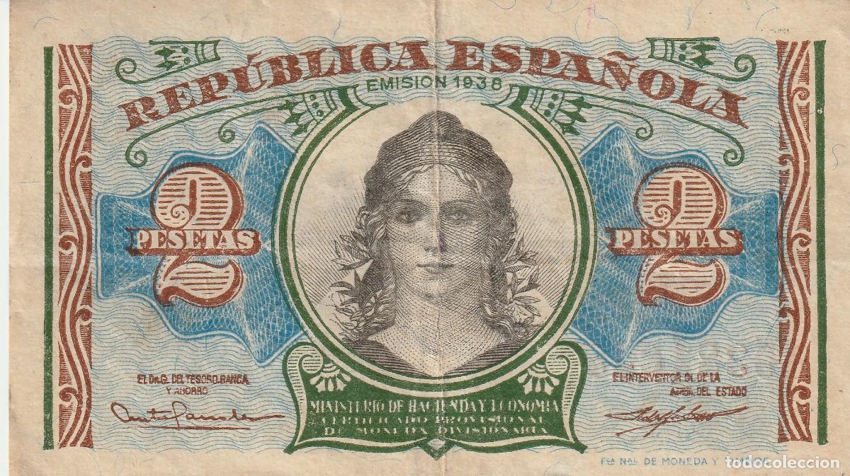 Billetes espa&ntilde;oles: 2 pesetas emitido en 1938 por la Segunda Rep&uacute;blica Espa&ntilde;ola durante la Guerra Civil.