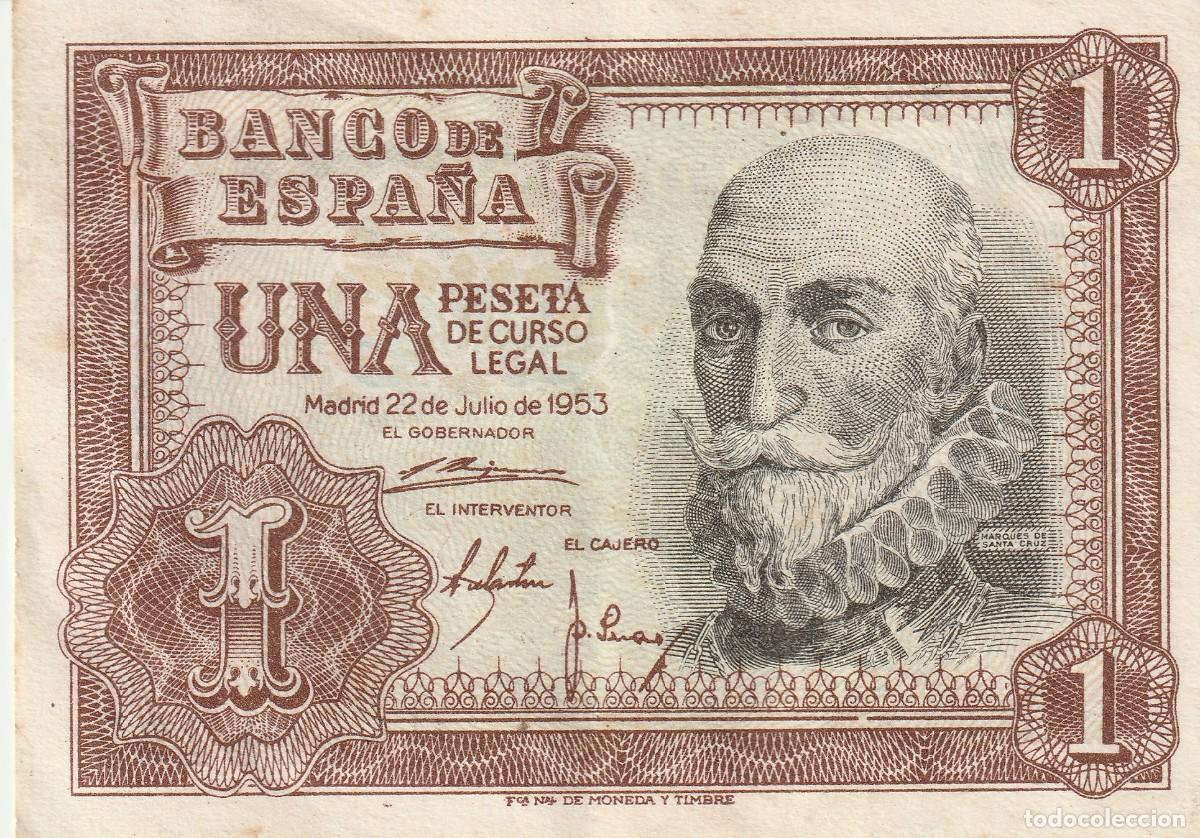 Billetes espa&ntilde;oles: 1 peseta emitido por el Banco de Espa&ntilde;a con fecha del 22 de julio de 1953