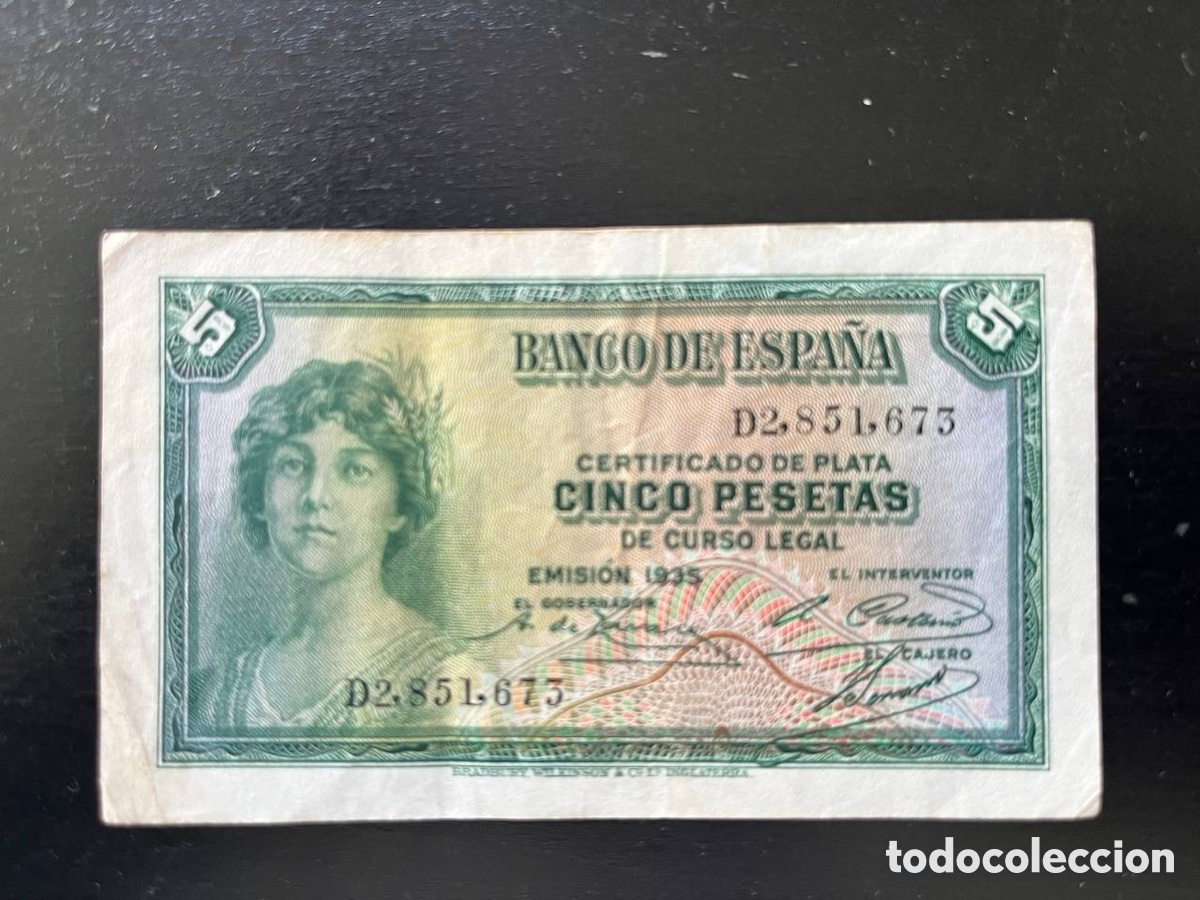 Billetes espa&ntilde;oles: 5 pesetas 1935 certificado de plata &ndash; serie D2 &ndash; II Rep&uacute;blica &ndash; Banco de Espa&ntilde;a
