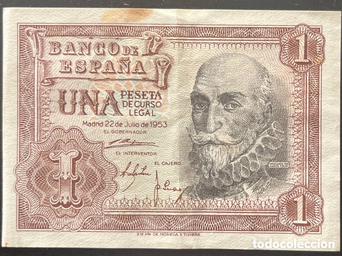 Billetes espa&ntilde;oles: 1 peseta 1953 marqu&eacute;s de santa cruz &ndash; serie R &ndash; banco de espa&ntilde;a