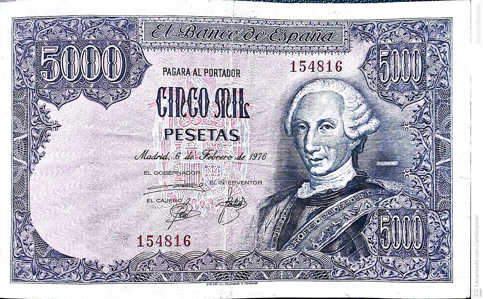 Billetes espa&ntilde;oles: Espa&ntilde;a. Billete de 5.000 Pesetas de Carlos III. Emitido en Madrid., 6 de Febrero de 1976 Sin Serie