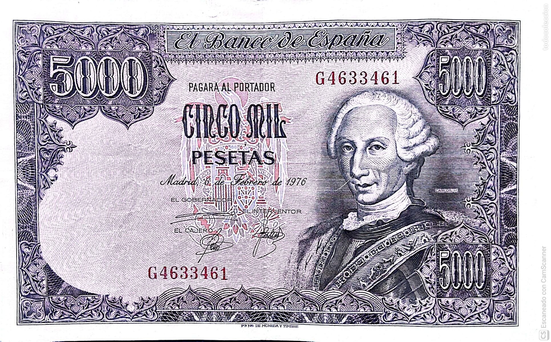 Billetes espa&ntilde;oles: Espa&ntilde;a. Billete de 5.000 Pesetas de Carlos III. Emitido en Madrid., 6 de Febrero de 1976 Serie G