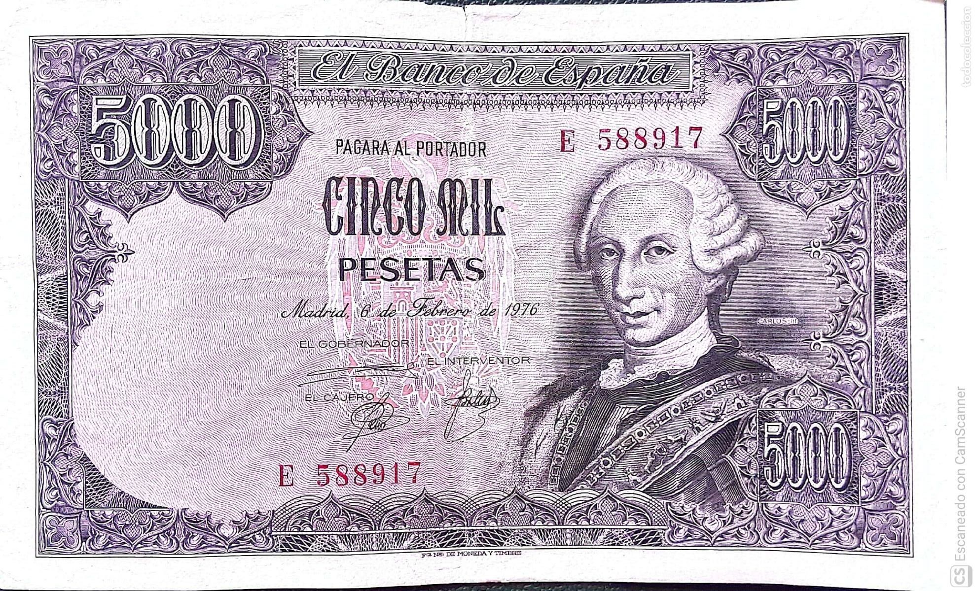 Billetes espa&ntilde;oles: Espa&ntilde;a. Billete de 5.000 Pesetas de Carlos III. Emitido en Madrid., 6 de Febrero de 1976 Serie E
