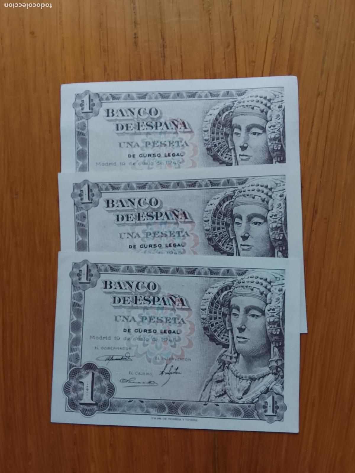 Billetes espa&ntilde;oles: 1 peseta de 1948 SC Dama de Elche 3 billetes correlativos