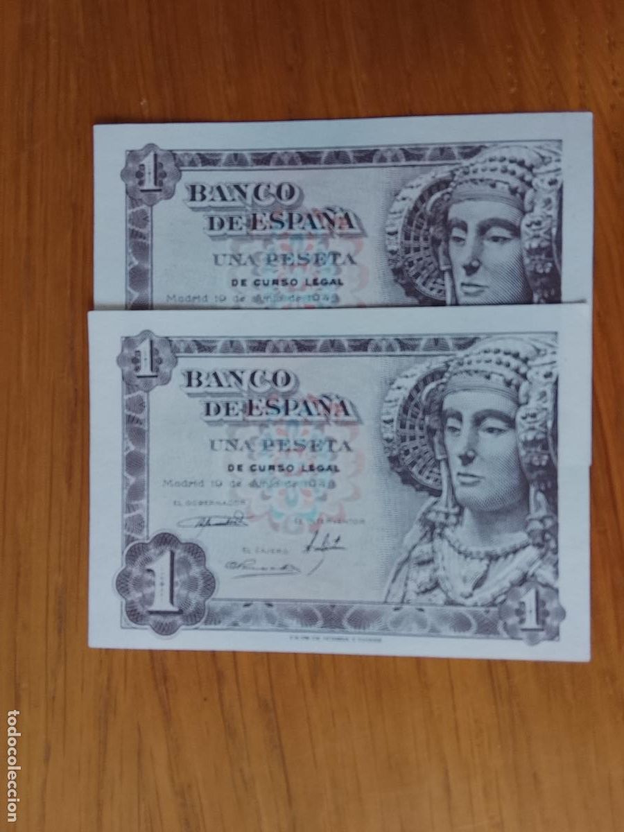 Billetes espa&ntilde;oles: 1 peseta de 1948 SC Dama de Elche Pareja de 2 billetes correlativos