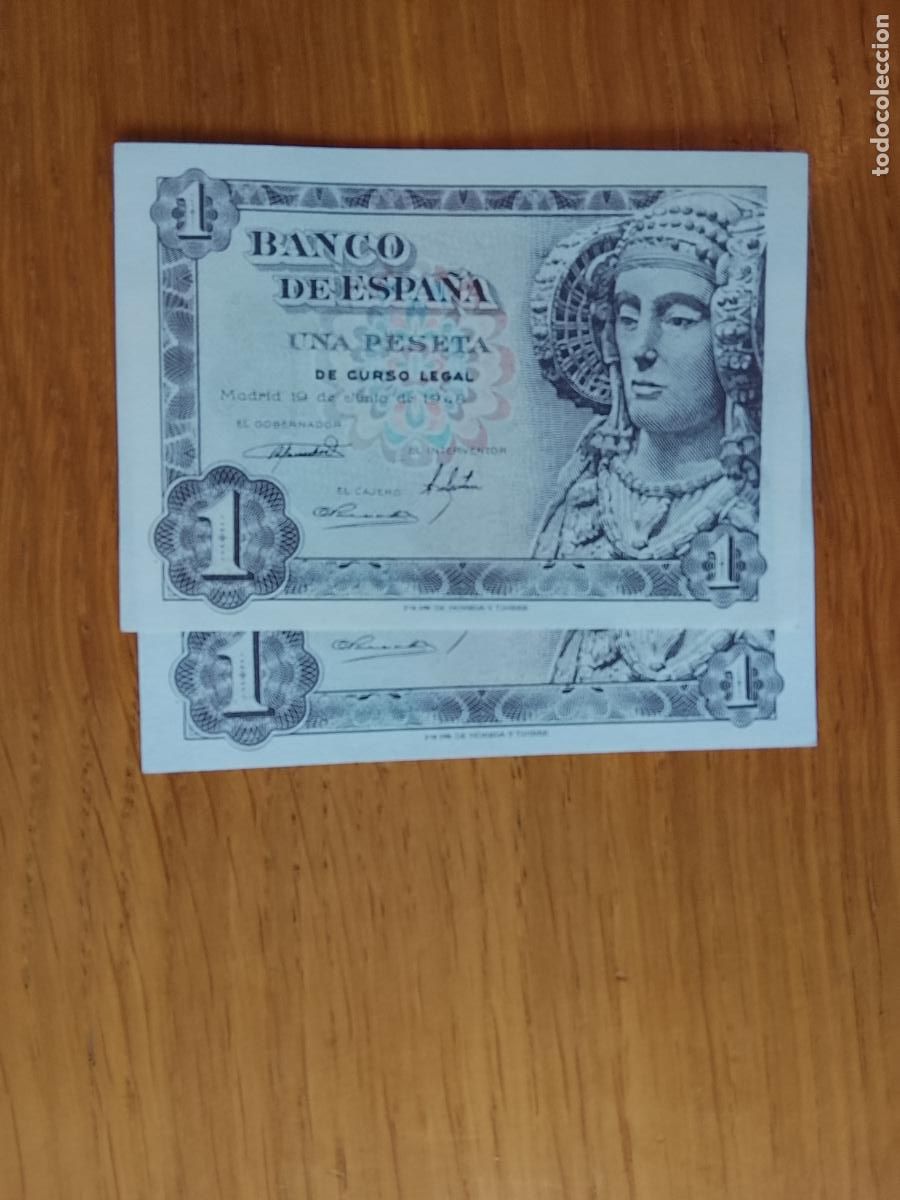 Billetes espa&ntilde;oles: 1 peseta de 1948 SC Dama de Elche Pareja de 2 billetes correlativos