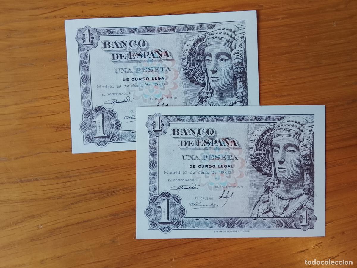 Billetes espa&ntilde;oles: 1 peseta de 1948 SC Dama de Elche Pareja de 2 billetes correlativos