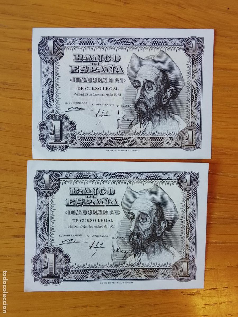 Billetes espa&ntilde;oles: 1 peseta de 1951 SC Sin Circular Pareja de 2 correlativos
