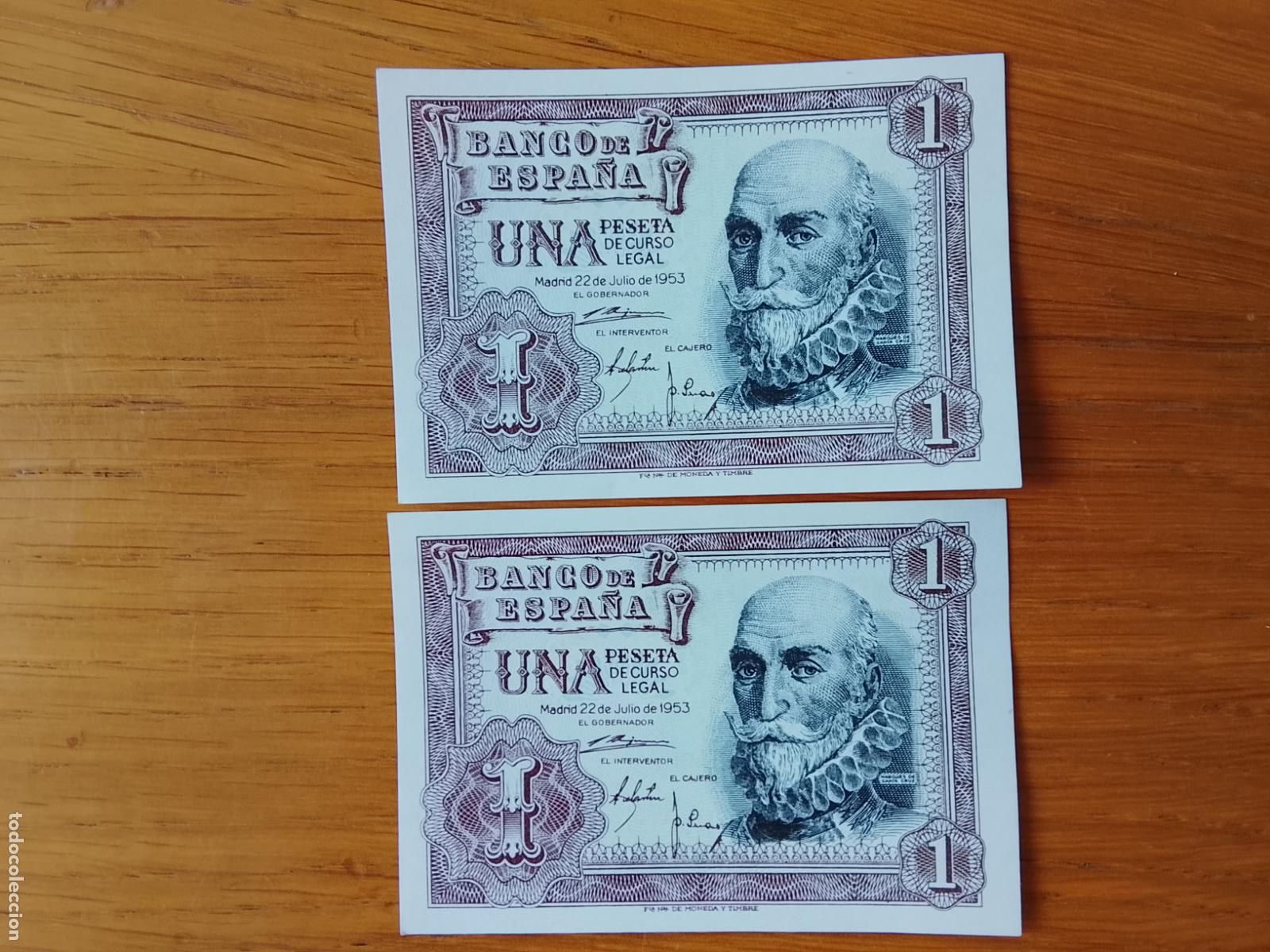 Billetes espa&ntilde;oles: 1 peseta de 1953 SC Sin Circular Pareja de 2 correlativos