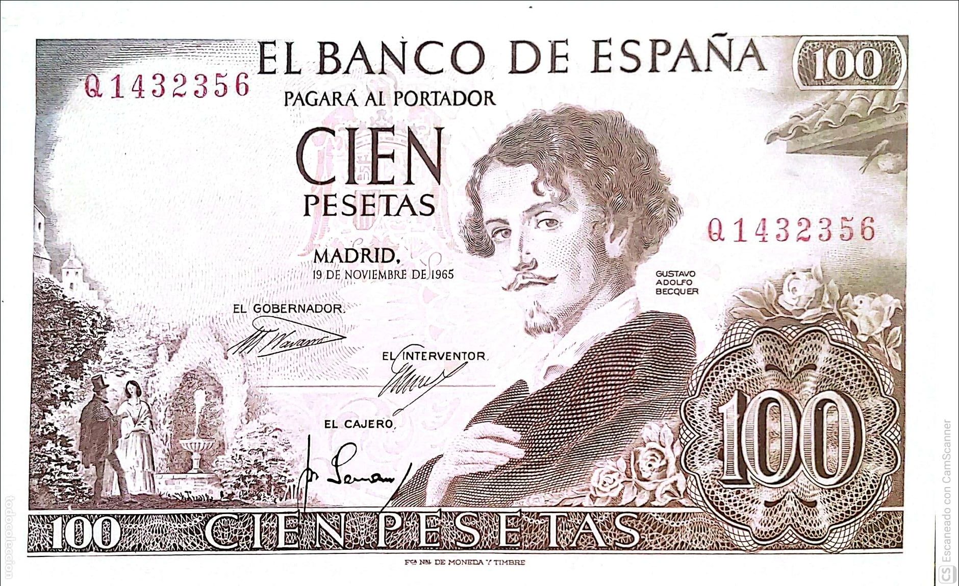 Billetes espa&ntilde;oles: Espa&ntilde;a. Billete de 100 Pesetas de Gustavo Adolfo B&eacute;cquer Emitido en Madrid., 19 Noviembre de 1965