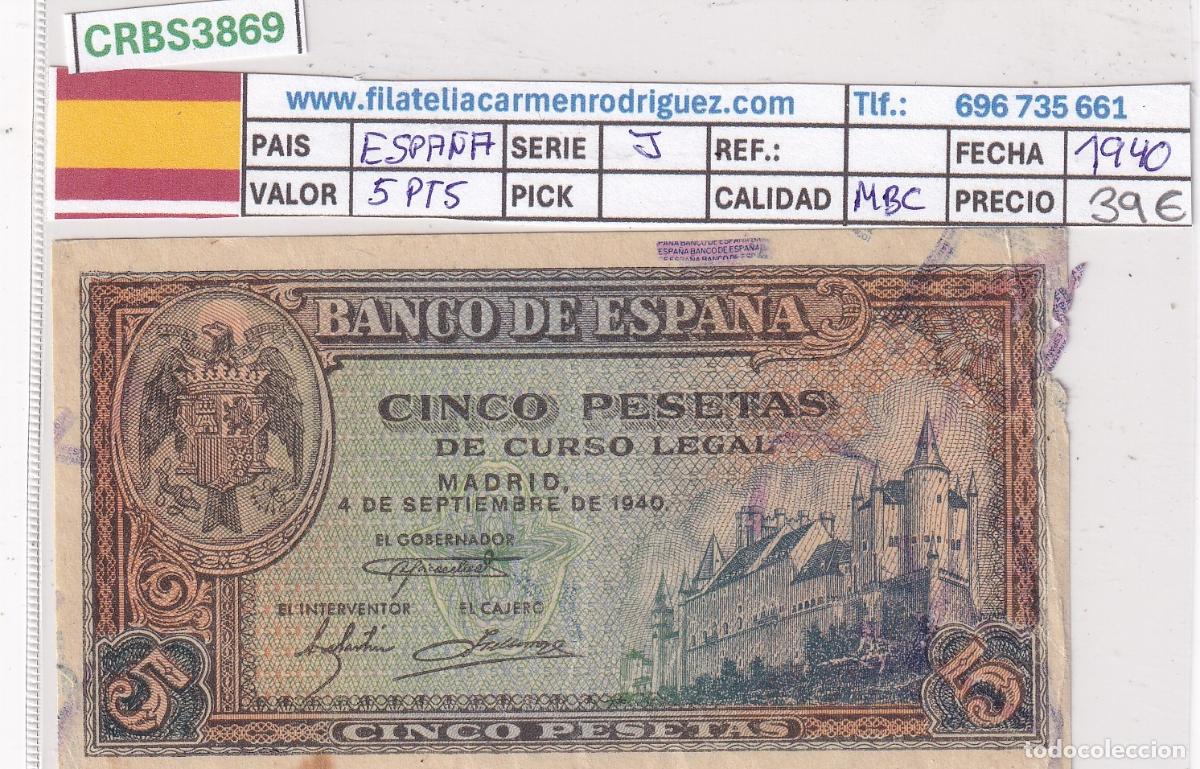 Notas espanholas: CRBS3869 BILLETE ESPA&Ntilde;A 5 PESETAS 1940 SERIE J MBC