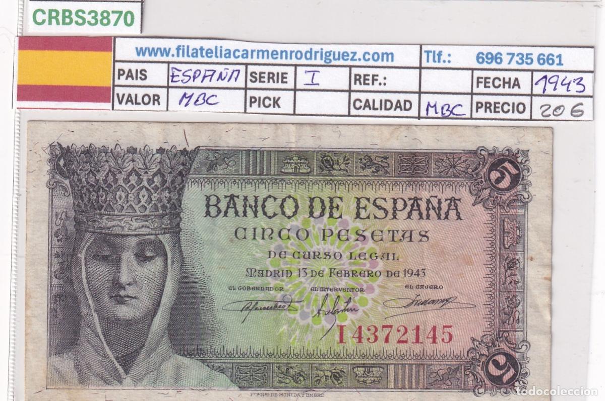 Notas espanholas: CRBS3870 BILLETE ESPA&Ntilde;A 5 PESETAS 1943 SERIE I MBC