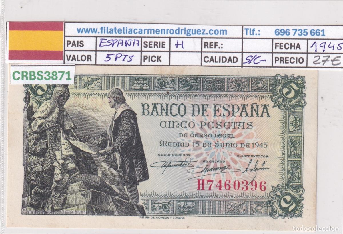 Notas espanholas: CRBS3871 BILLETE ESPA&Ntilde;A 5 PESETAS 1945 SERIE H S/C-