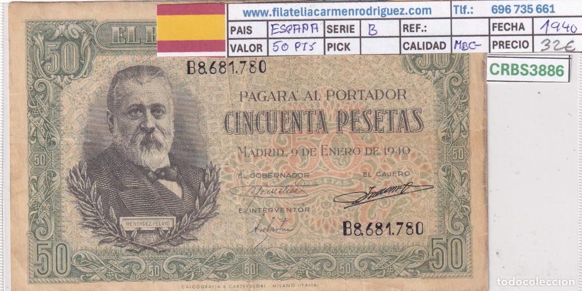 Billetes espa&ntilde;oles: CRBS3886 BILLETE ESPA&Ntilde;A 50 PESETAS 1940 SERIE B MBC-