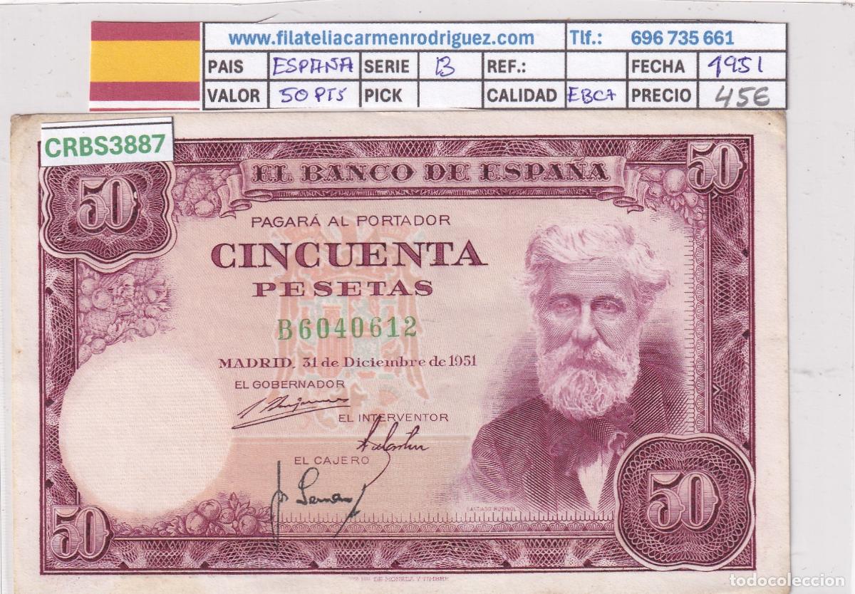 Billetes espa&ntilde;oles: CRBS3887 BILLETE ESPA&Ntilde;A 50 PESETAS 1951 SERIE B EBC+
