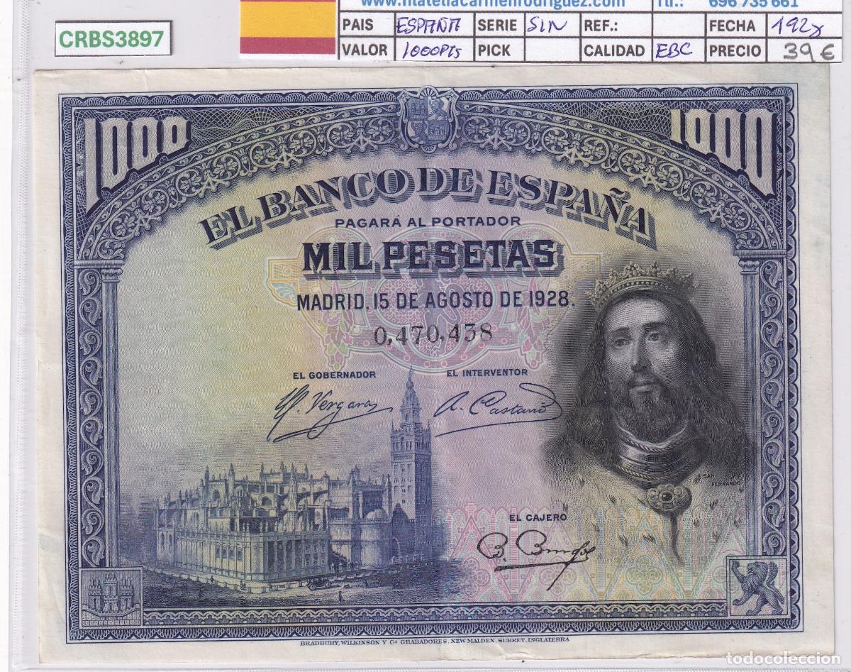 Billetes espa&ntilde;oles: CRBS3897 BILLETE ESPA&Ntilde;A 1000 PESETAS 1928 SIN SERIE EBC