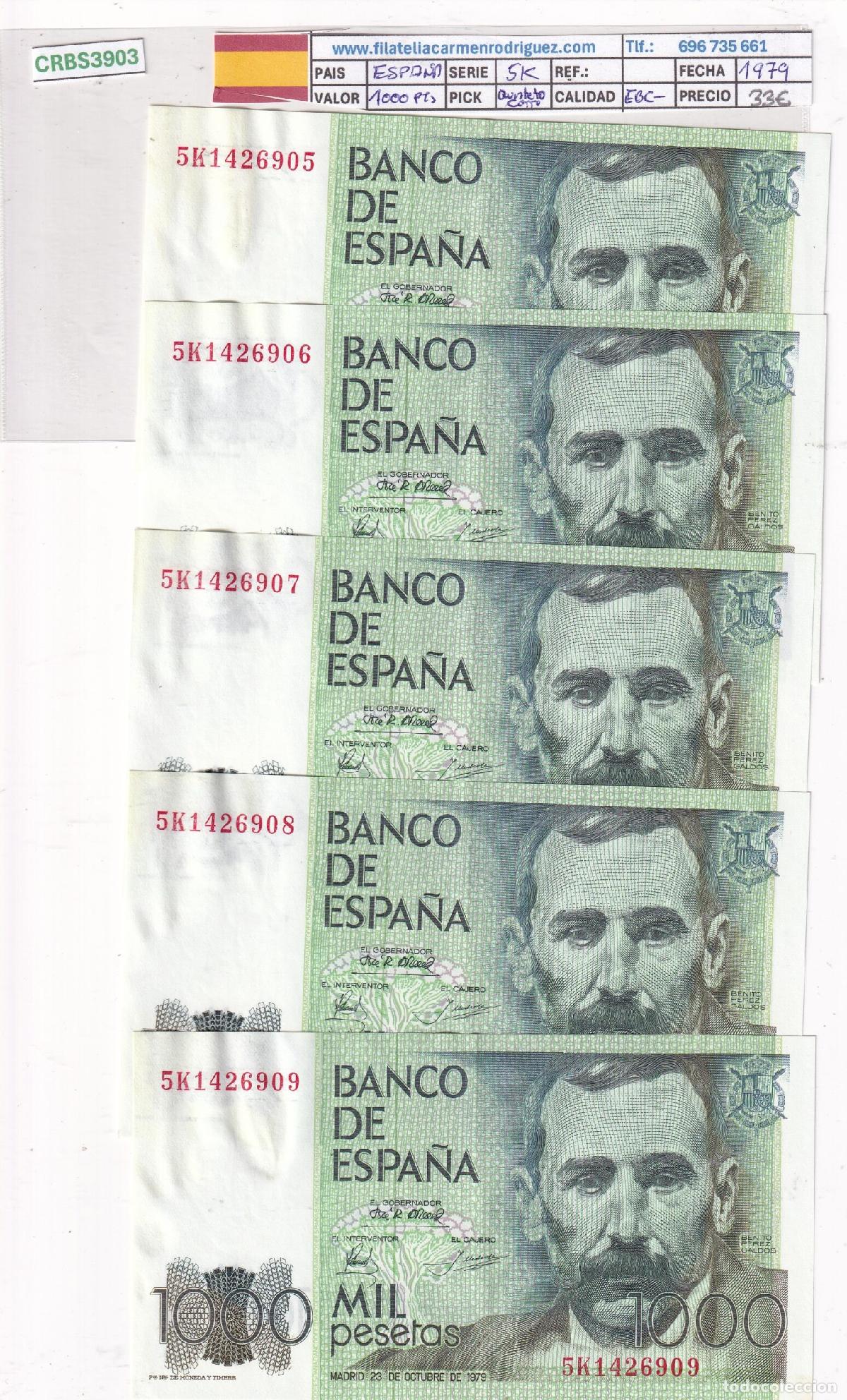 Billetes espa&ntilde;oles: CRBS3903 LOTE 5 BILLETES CORRELATIVOS ESPA&Ntilde;A 1000 PESETAS 1979 SERIE 5K EBC-