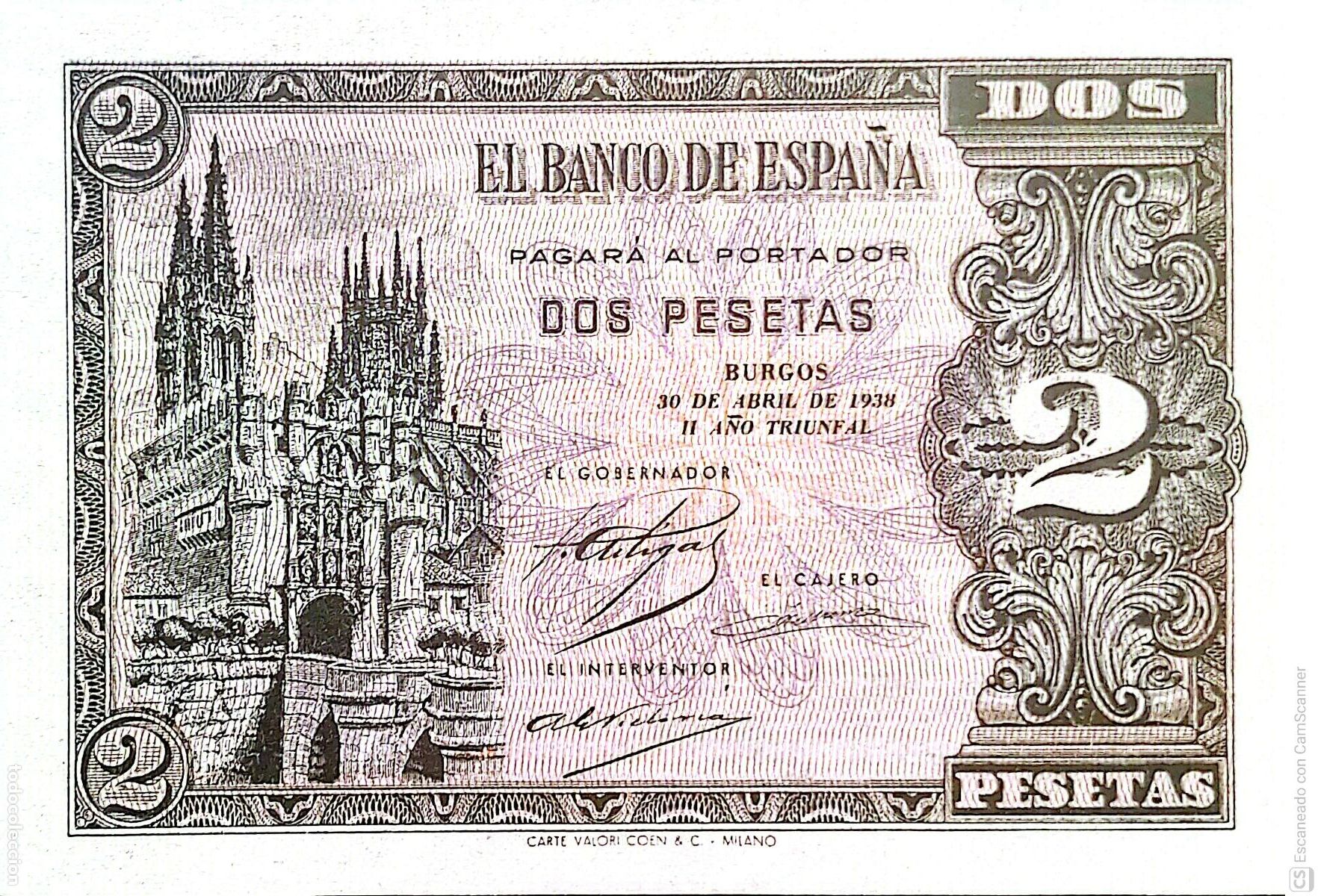 Billetes espa&ntilde;oles: Espa&ntilde;a. Billete de 2 Pesetas Catedral de Burgos De fecha: Burgos, 30 de abril de 1938.