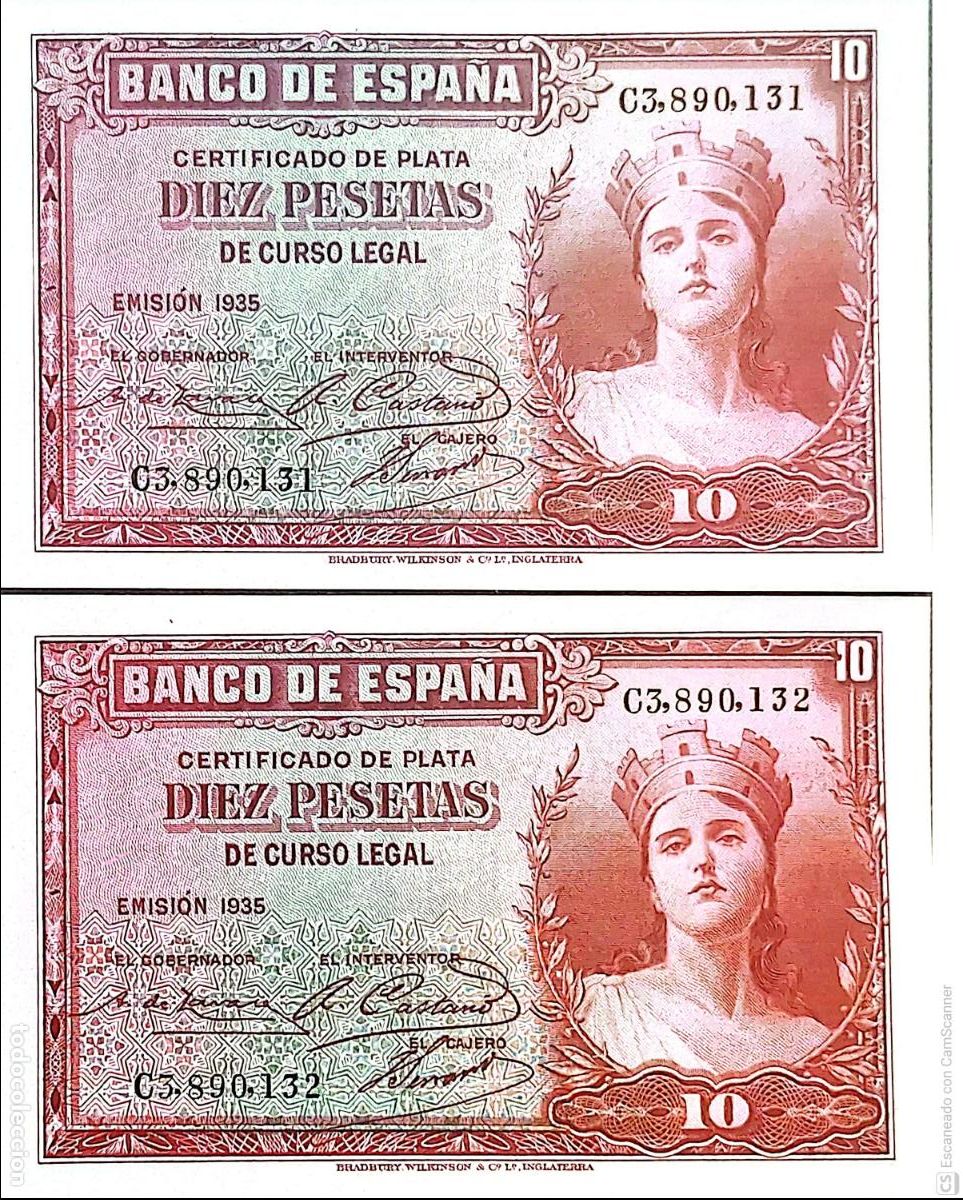 Billetes espa&ntilde;oles: Espa&ntilde;a. Certificado de Plata Diez Pesetas de Curso Legal De fecha: Emisi&oacute;n del a&ntilde;o 1935. Dos bille