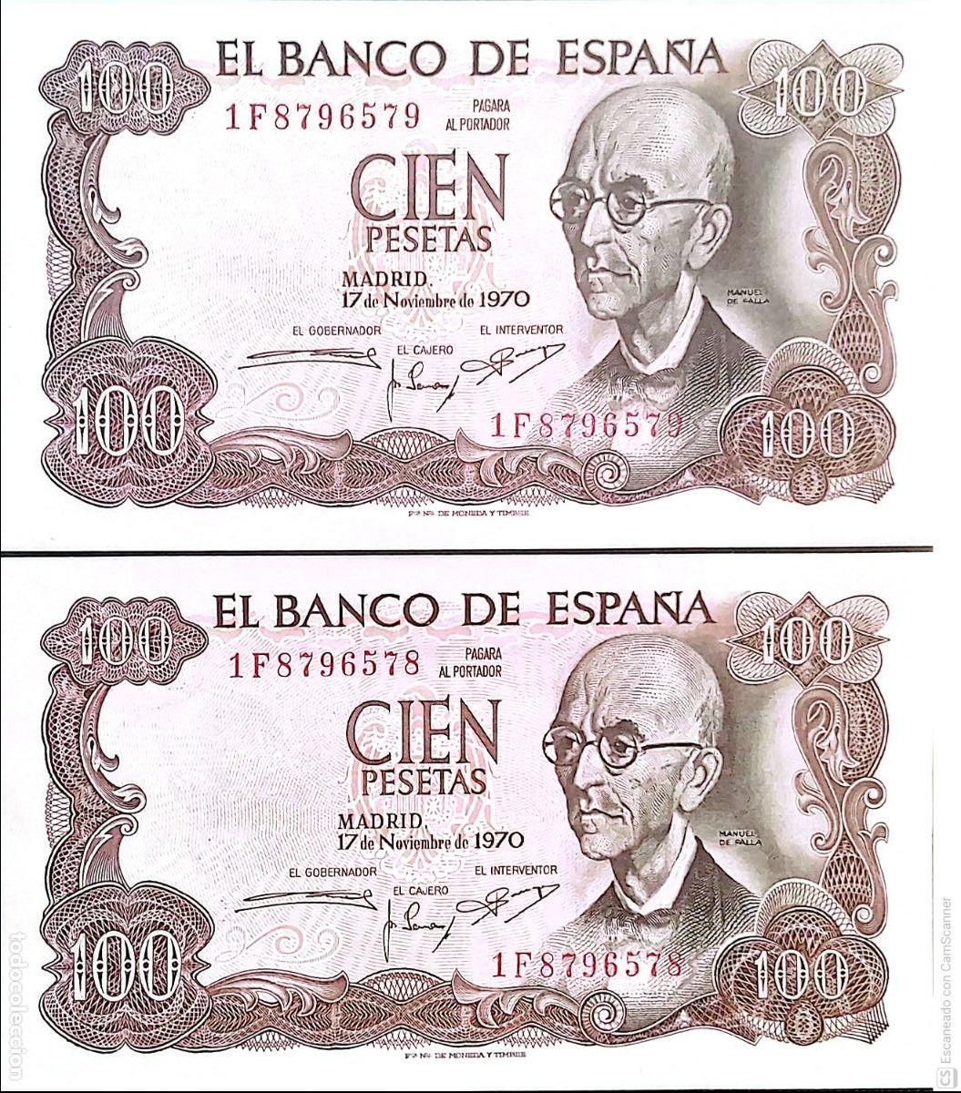 Billetes espa&ntilde;oles: Espa&ntilde;a. Billete de Cien Pesetas. De fecha: Madrid, 17 de Noviembre de 1970. Dos billetes correlati