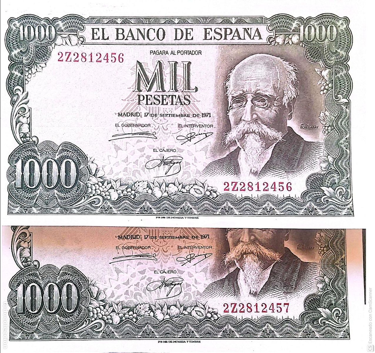 Billetes espa&ntilde;oles: Espa&ntilde;a. Billete de 1000 Pesetas. De fecha: Madrid, 17 de septiembre de 1971. Dos billetes correlat