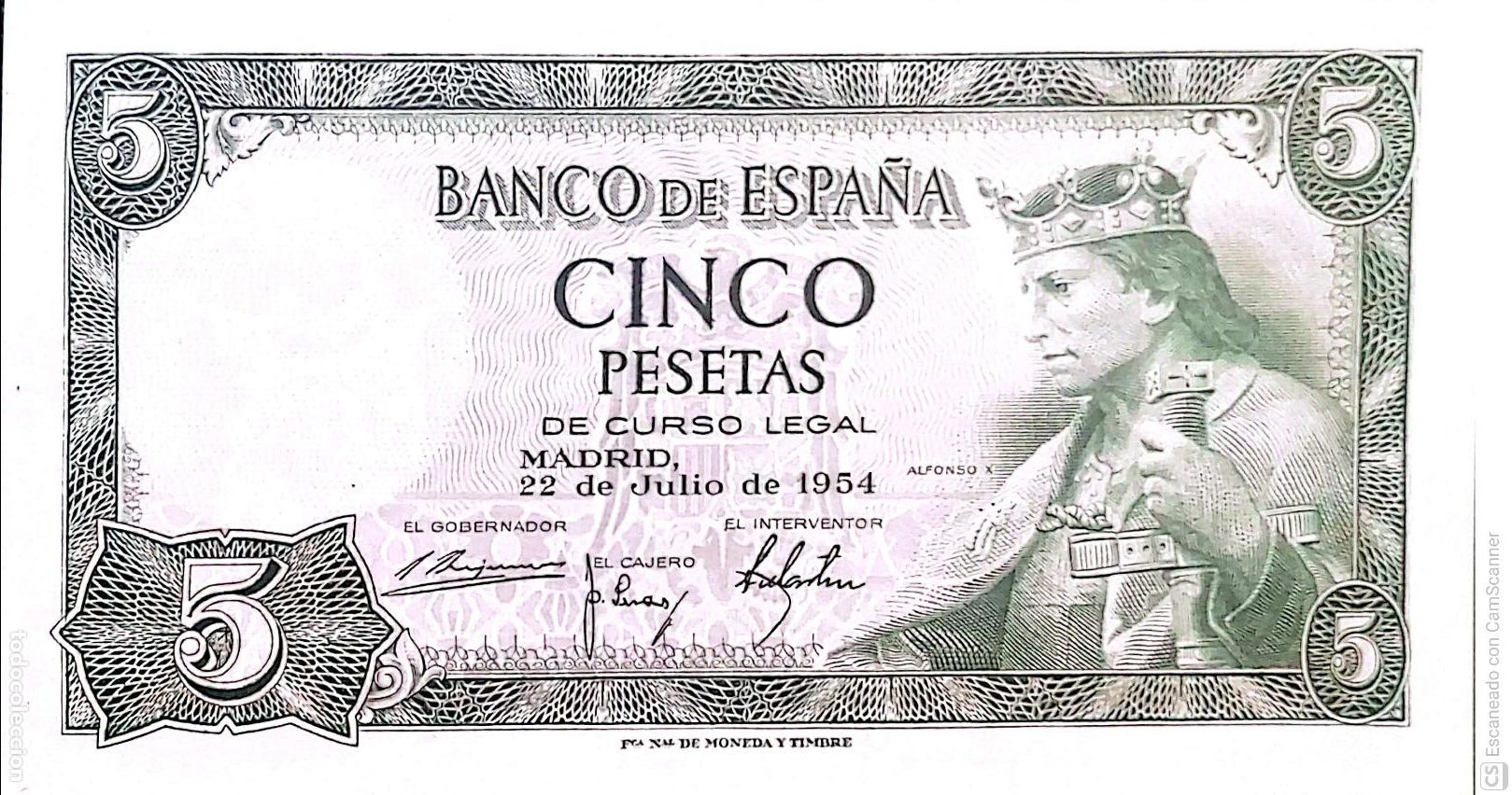Billetes espa&ntilde;oles: Espa&ntilde;a. Billete de 5 Pesetas. De fecha: Madrid, 22 de Julio de 1954. Serie P n&ordm; 0667555, es el que