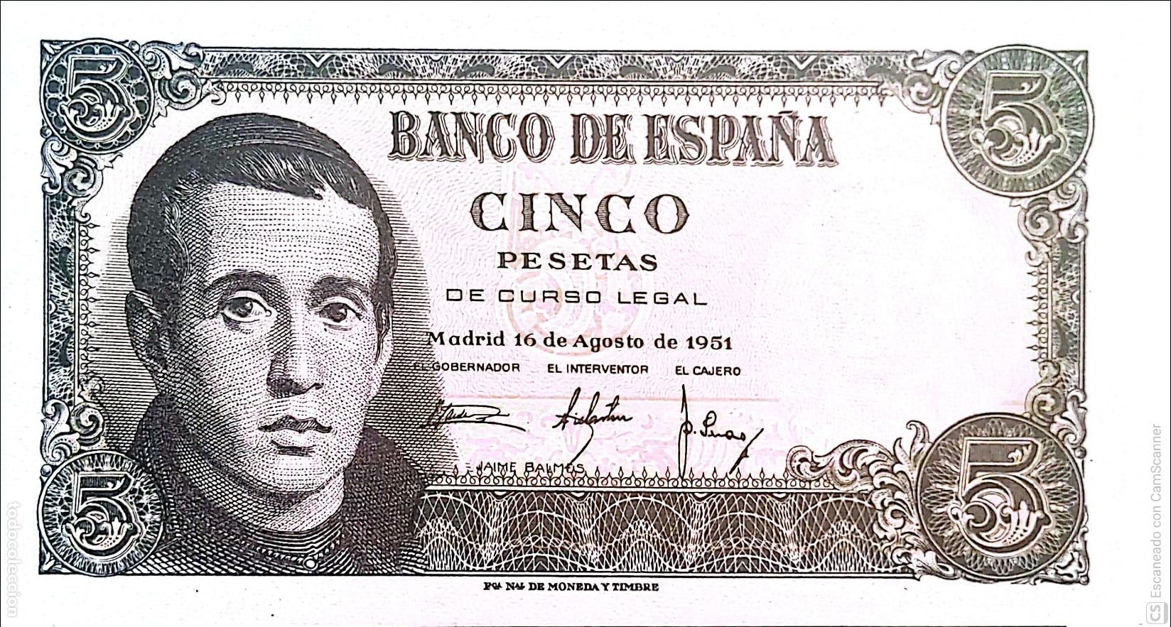 Billetes espa&ntilde;oles: Espa&ntilde;a. Billete de 5 Pesetas. De fecha: Madrid, 16 de Agosto de 1951 Serie 1C n&ordm; 1833676, es el qu