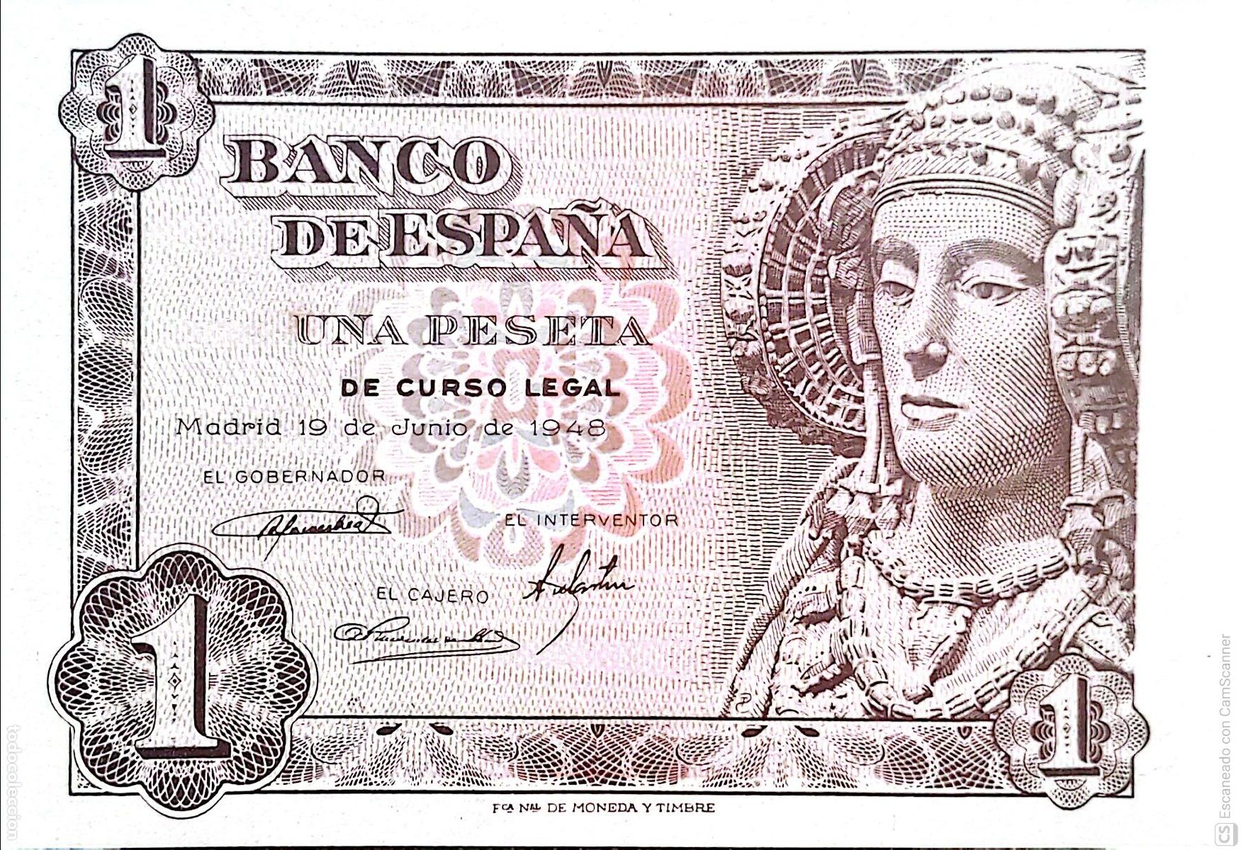 Billetes espa&ntilde;oles: Espa&ntilde;a. Billete de 1 Peseta. De fecha: Madrid, 18 de Junio 1948 Sin Serie n&ordm; 09412228, es el que s