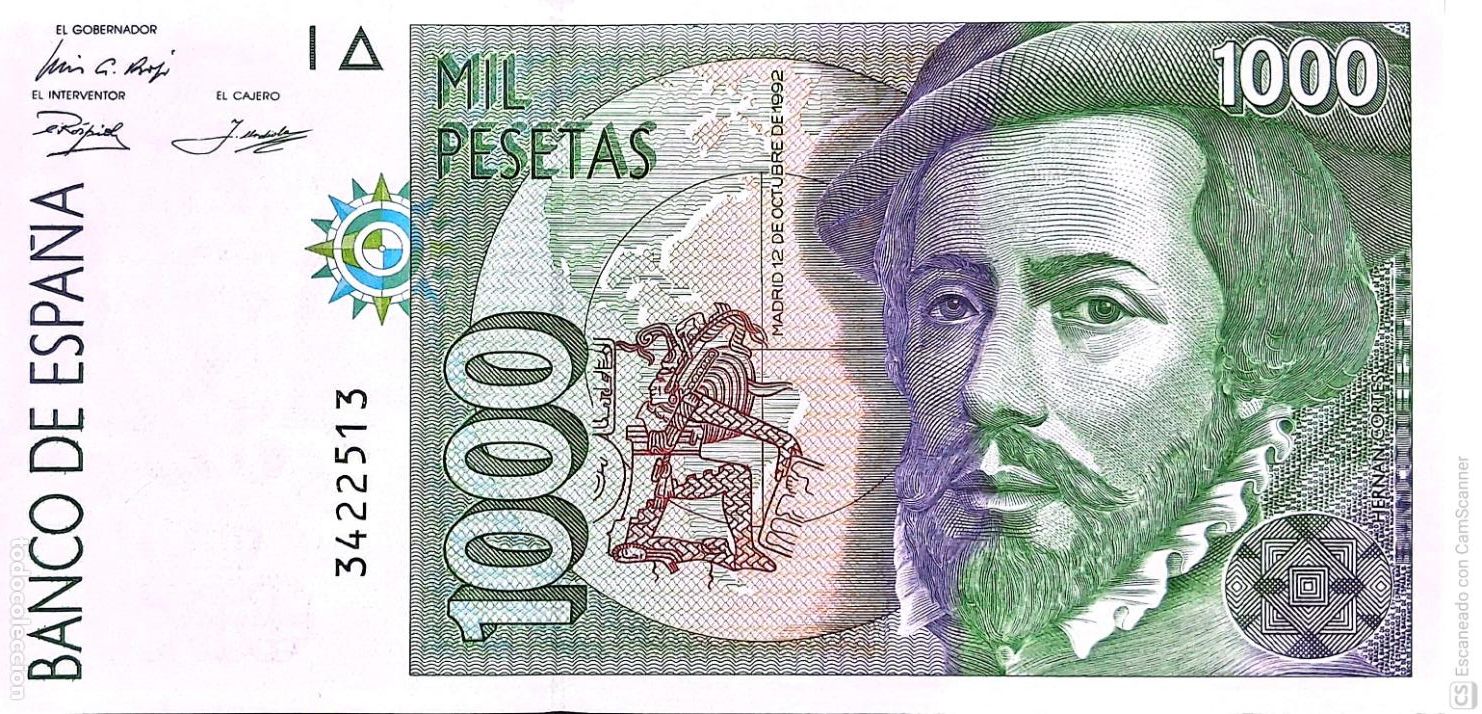 Billetes espa&ntilde;oles: Espa&ntilde;a. Billete de 1000 Pesetas. De fecha: Madrid, 12 de Octubre de 1992. Sin Serie n&ordm; 3422513, es