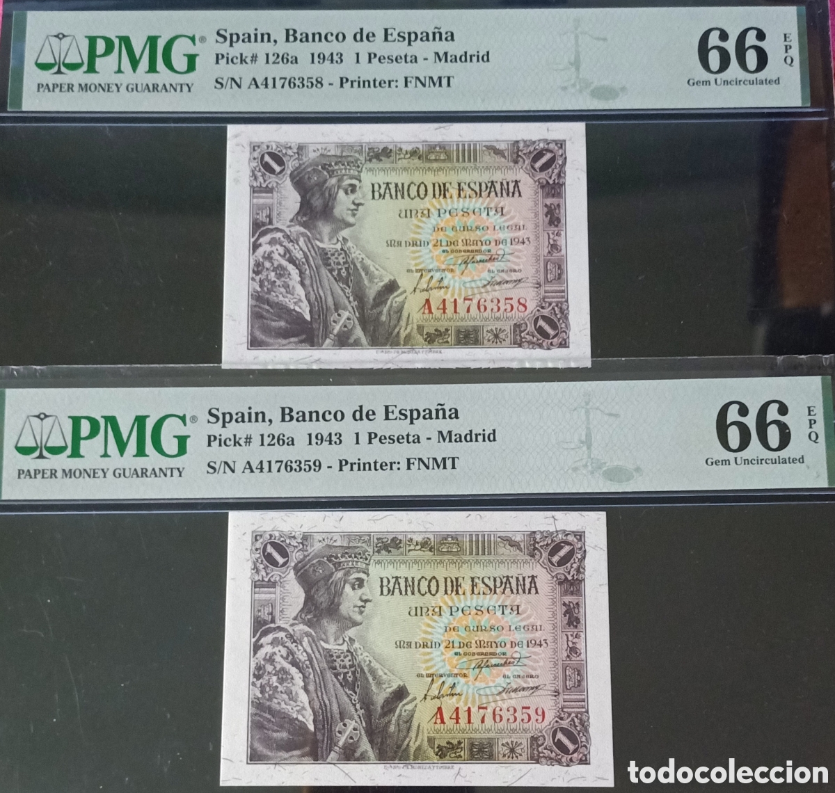 Billetes espa&ntilde;oles: Pareja correlativa 1 PESETA 1943 -FERNANDO EL CAT&Oacute;LICO- PMG 66 EPQ, serie A