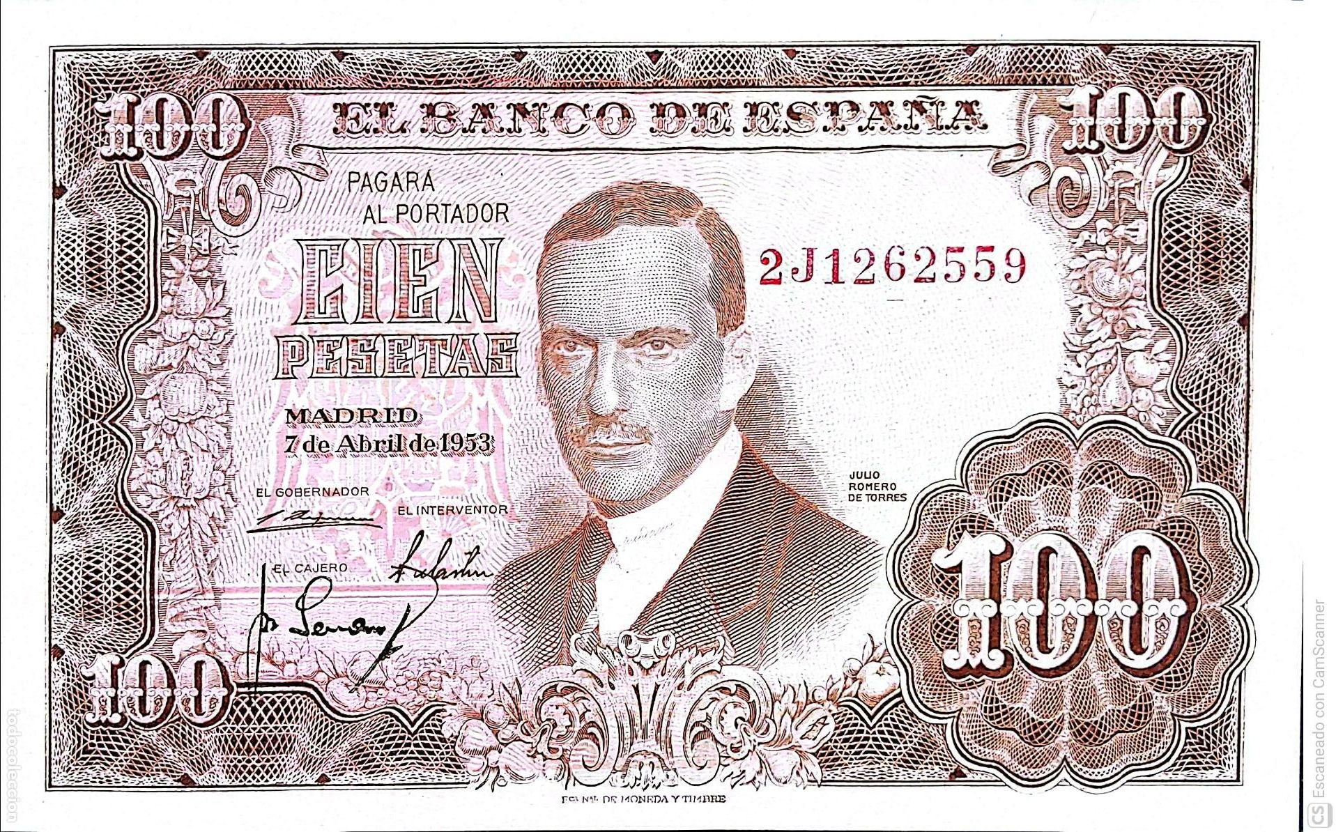 Billetes espa&ntilde;oles: Espa&ntilde;a. Billete de 1000 Pesetas. De fecha: Madrid, 7 de Abril de 1953. Serie 2J n&ordm; 1262559, es el
