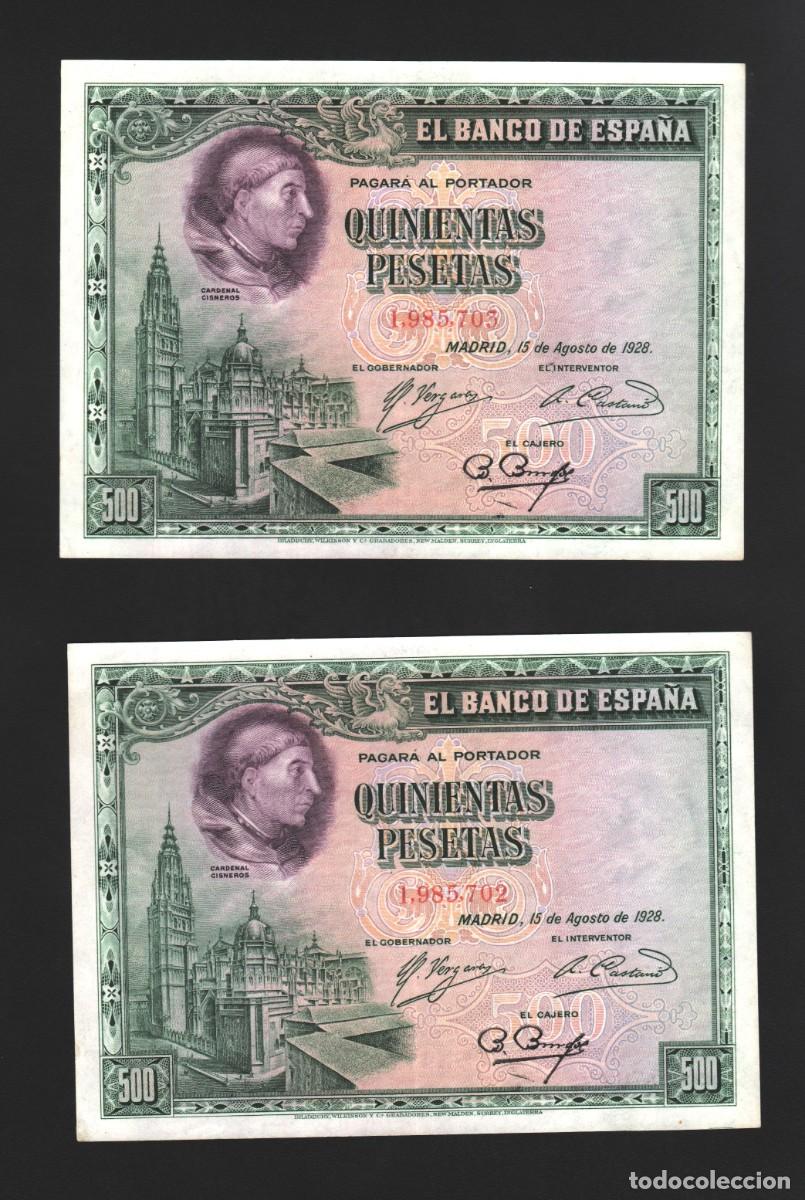 Billetes espa&ntilde;oles: PAREJA CONSECUTIVA CISNEROS EXCELENTES|SOLO ACEPTO PAYPAL| BILLETE 500 PESETAS 1928 LEER DESCRIPCION