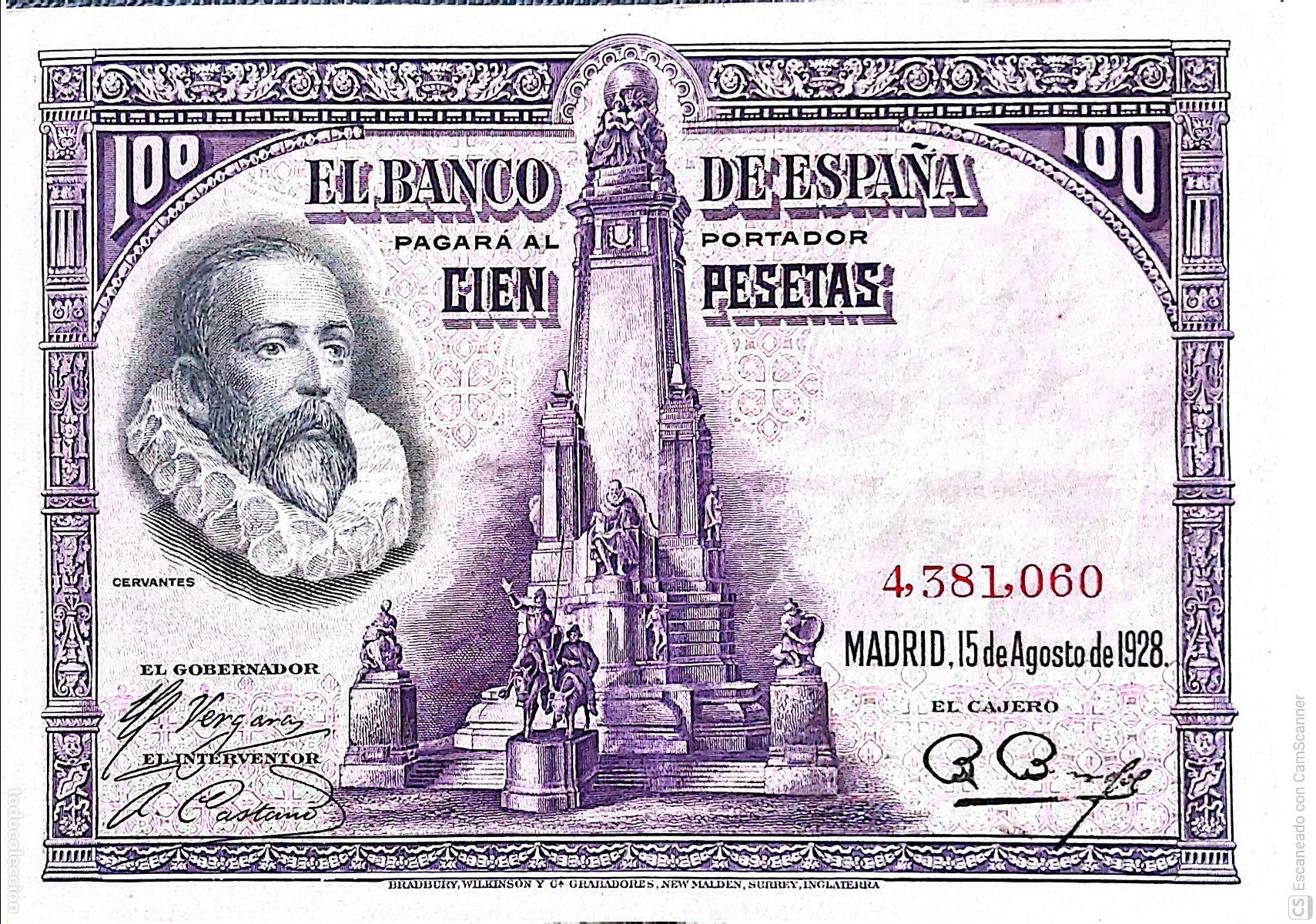 Billetes espa&ntilde;oles: Espa&ntilde;a. Billete de 100 Pesetas. De fecha: Madrid, 15 de Agosto de 1928. Sin Serie n&ordm; 4,381,060, e
