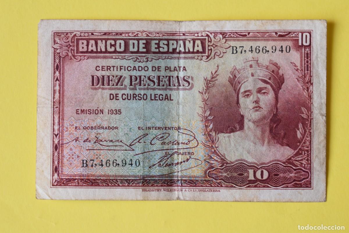 Billetes espa&ntilde;oles: Billete Espa&ntilde;a. Rep&uacute;blica Espa&ntilde;ola. 10 Pesetas. 1935. Serie B. Circulado