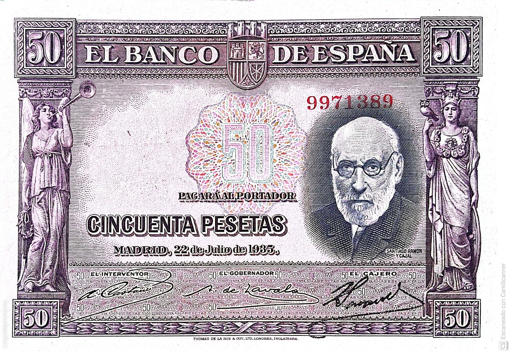 Billetes espa&ntilde;oles: Espa&ntilde;a. Billete de 50 Pesetas. De fecha: Madrid, 22 de Julio de 1935 Sin Serie n&ordm; 9971389, es el q
