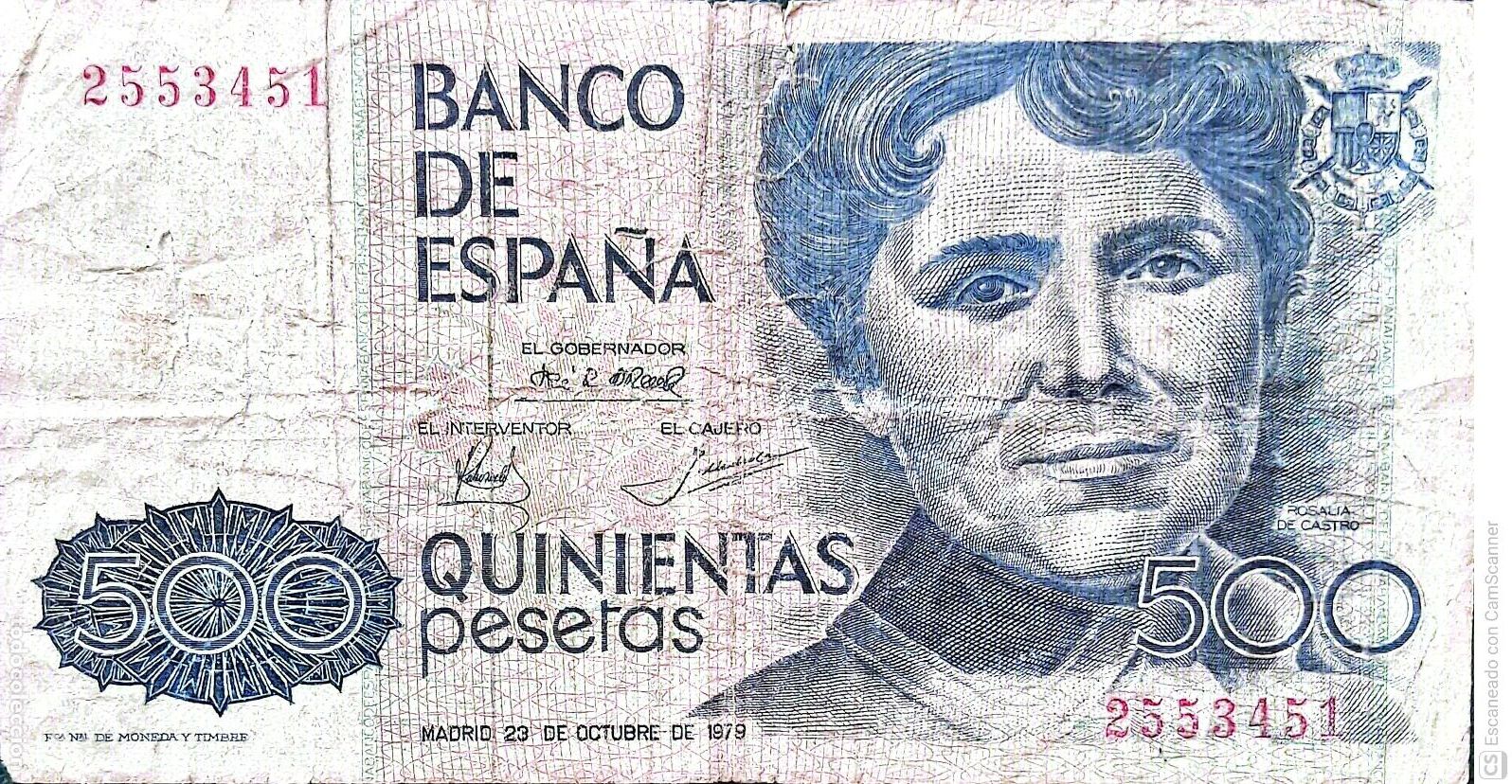 Billetes espa&ntilde;oles: Espa&ntilde;a. Billete de 500 Pesetas. De fecha: Madrid, 23 de Octubre de 1979 Sin Serie n&ordm; 2553451, es e