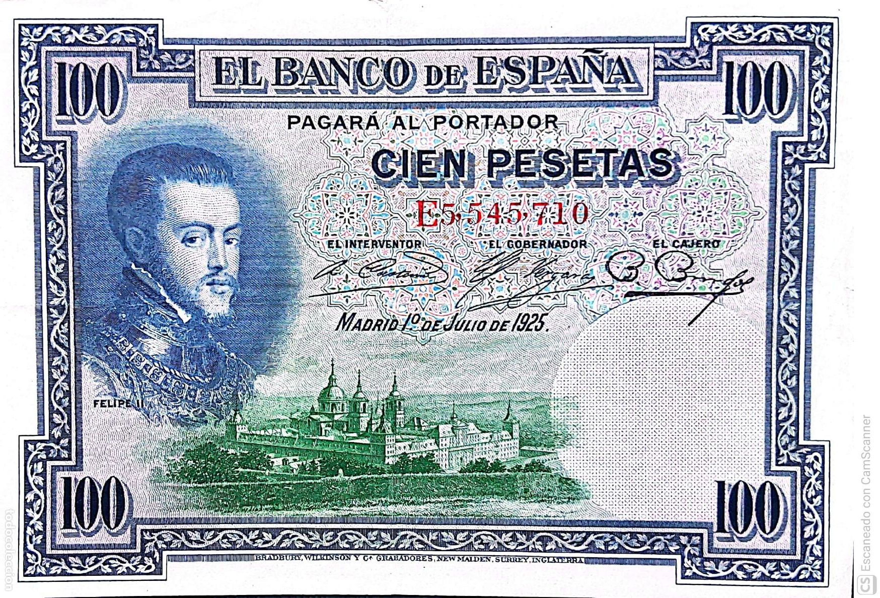 Billetes espa&ntilde;oles: Espa&ntilde;a. Billete de 100 Pesetas. De fecha: Madrid,1&ordm; de Julio de 1925 Serie E n&ordm; 5,545,710, es el q