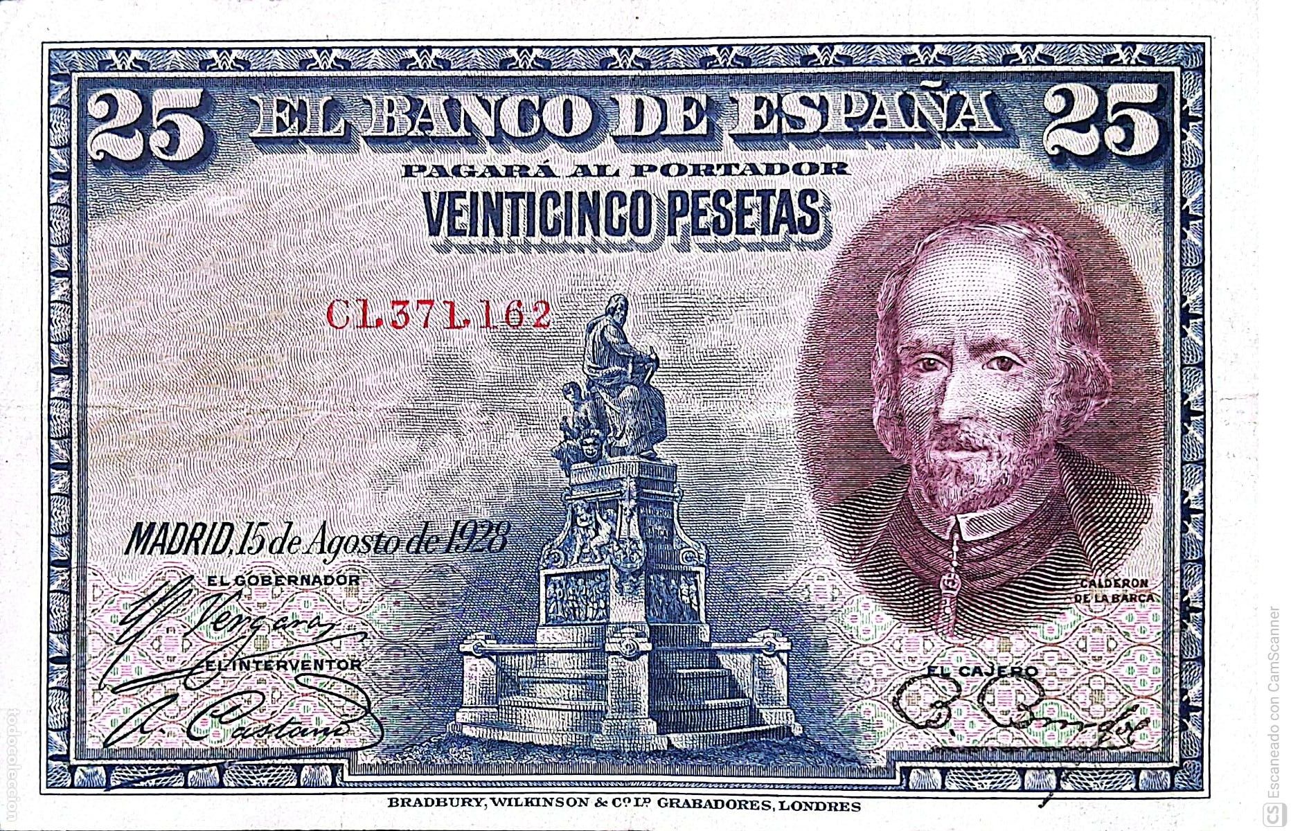 Billetes espa&ntilde;oles: Espa&ntilde;a. Billete de 25 Pesetas. De fecha: Madrid,15 de Agosto de 1928 Serie C n&ordm; 1,371,162, es el q