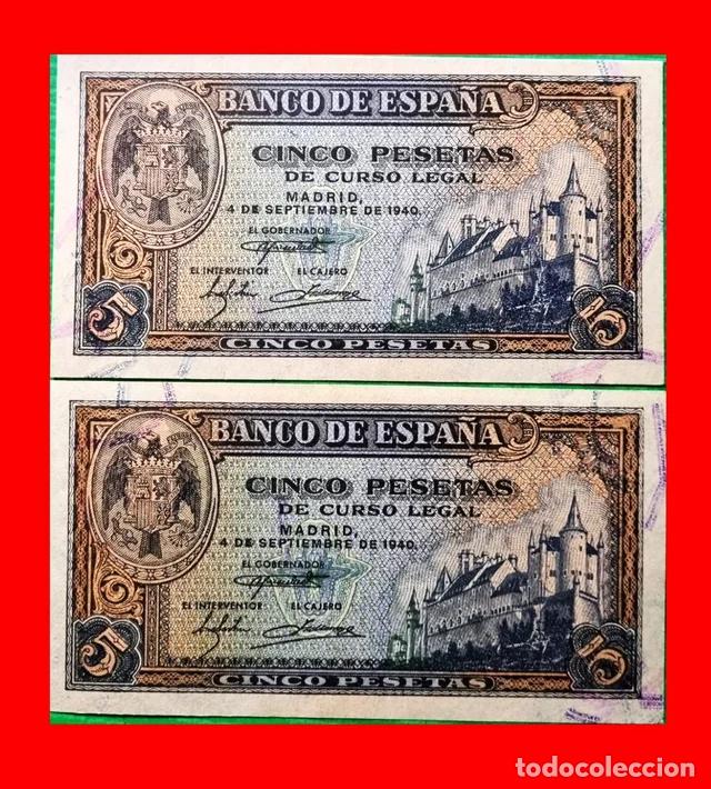 Billetes espa&ntilde;oles: PAREJA CONSECUTIVA SIN CIRCULAR SC |SOLO ACEPTO PAYPAL| BILLETE 5 PESETAS 1940 LEER DESCRIPCION