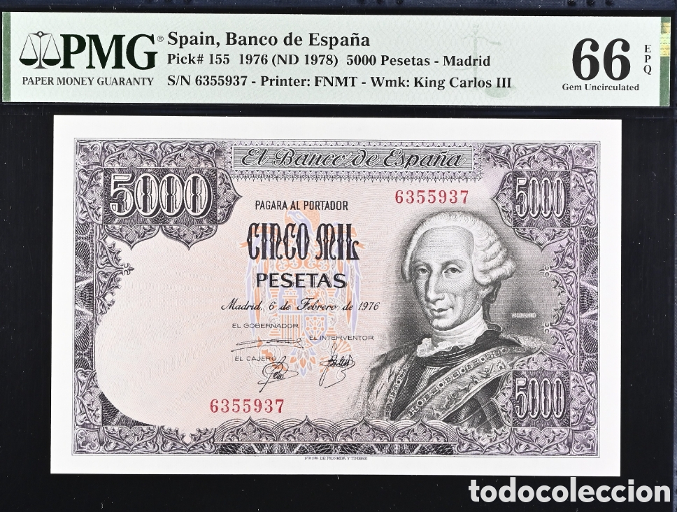 Billetes espa&ntilde;oles: Billete 5000 PESETAS 1976 -CARLOS III- PMG 66 EPQ, sin serie