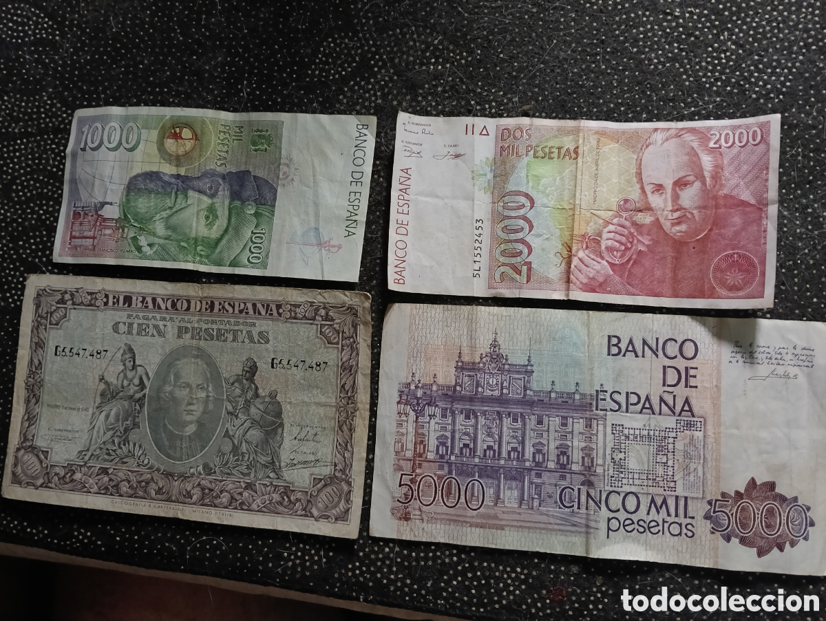 Billetes espa&ntilde;oles: Lote de 1 billete 5.000 pts 1979, 1 de 2.000 pts 1992, 1 de 1.000 pts 1992 y 1 de 100 pts 1940. Todo