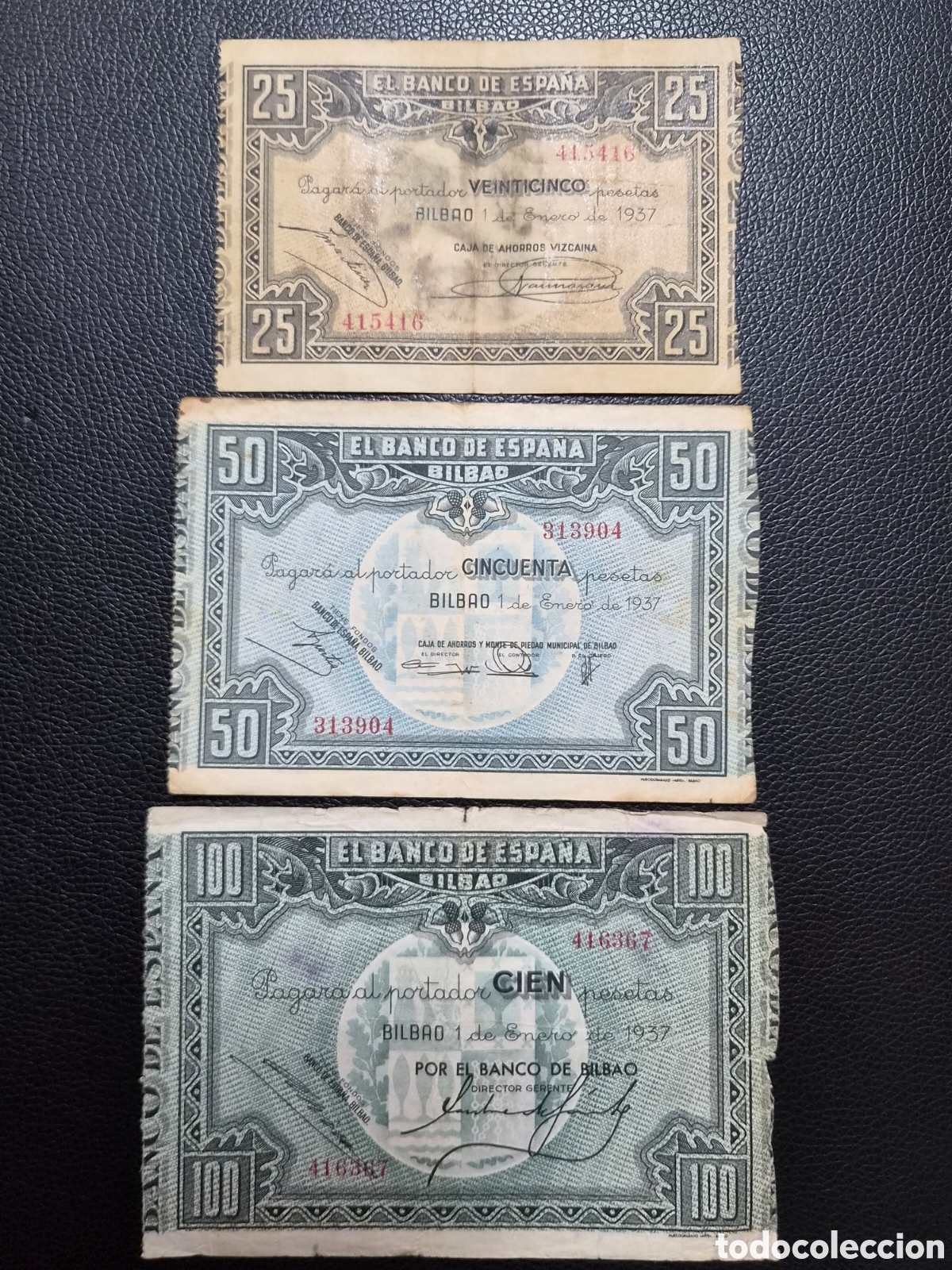 Notas espanholas: Lote 100 50 y 25 pesetas 1937 Bilbao