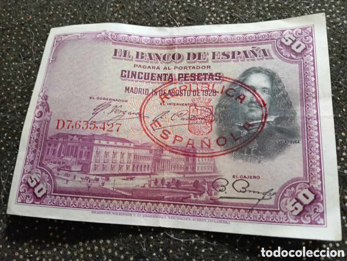 Billetes espa&ntilde;oles: Billete de 50 pesetas 1928 con el resello de la Republica Espa&ntilde;ola, poco circulado.