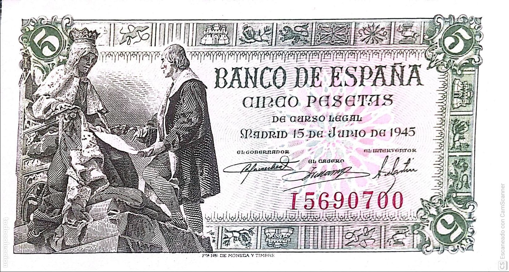 Billetes espa&ntilde;oles: Espa&ntilde;a. Billete de 5 Pesetas. De fecha: Madrid, 15 de Junio de 1945 Serie I n&ordm; 5690700, es el que